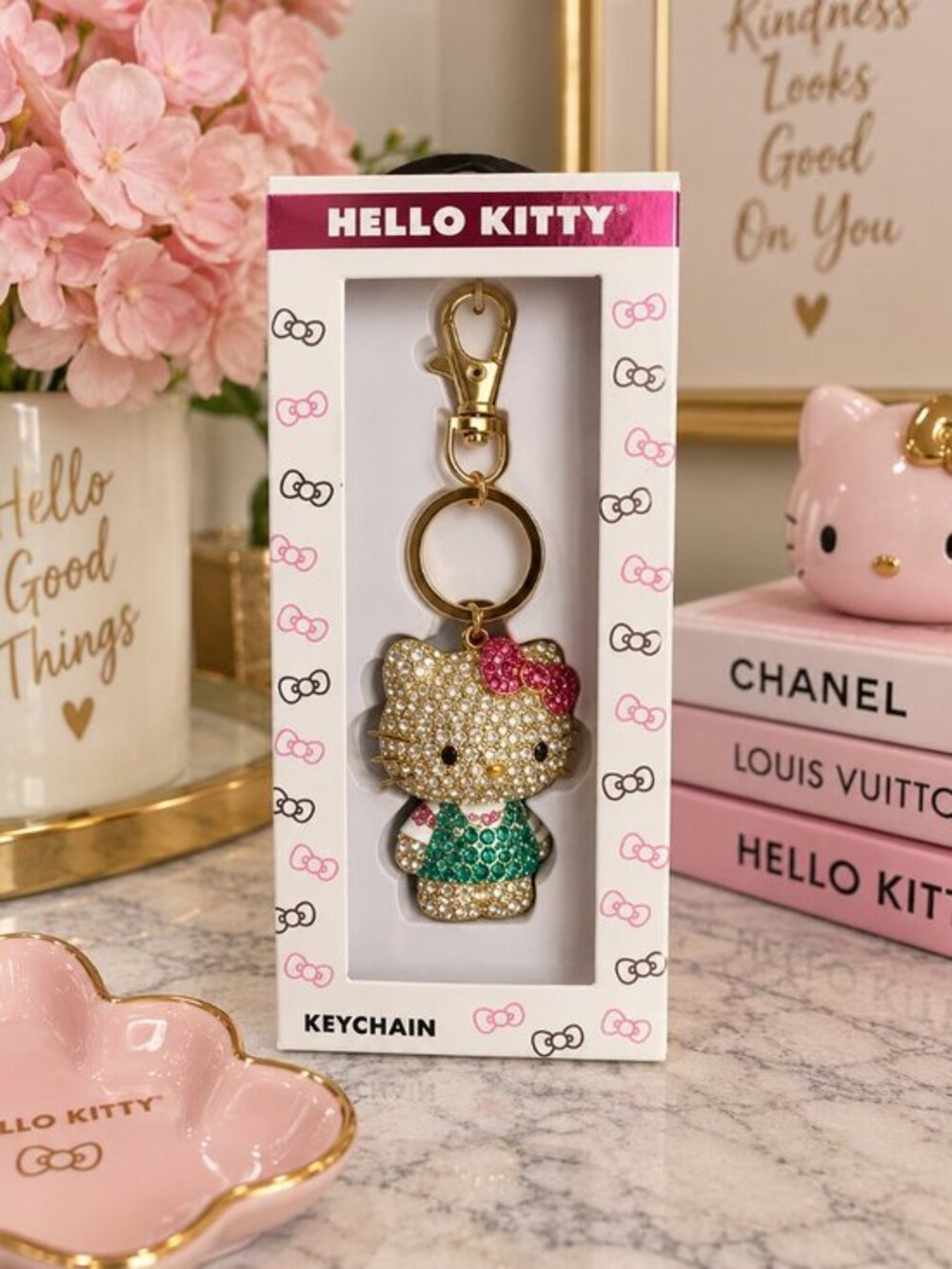 Hello Kitty Rhinestone Crystal Keychain Gold Tone Bag Charm NWT
